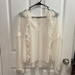 Express cream/off-white long sleeve blouse Swiss dot and lace
